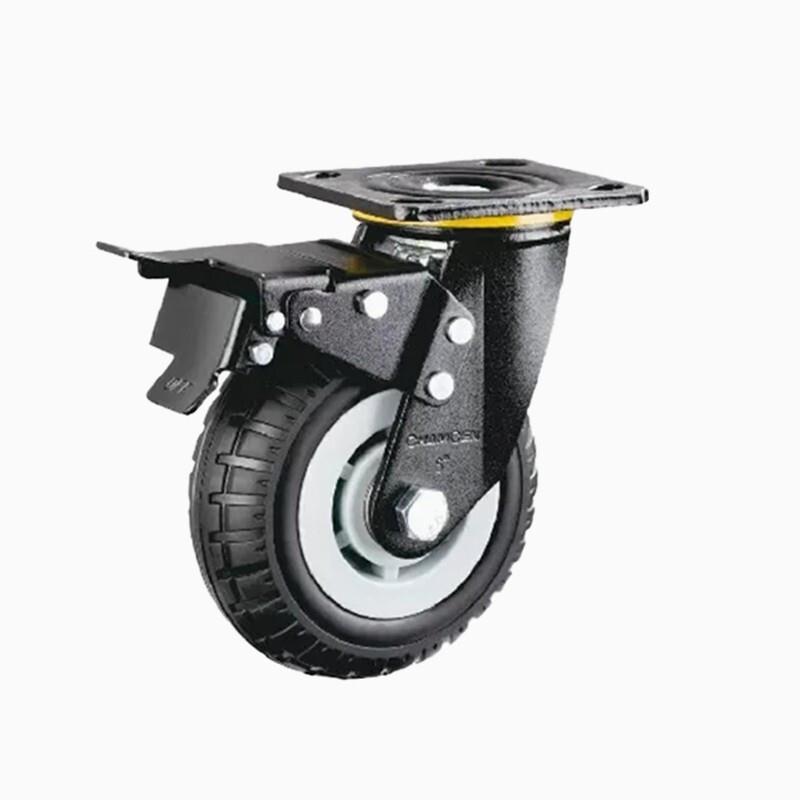 6 Inch Flat Bottom Double Brake Heavy Gray Core Black Foam Caster Universal Wheel 4 Sets / Set