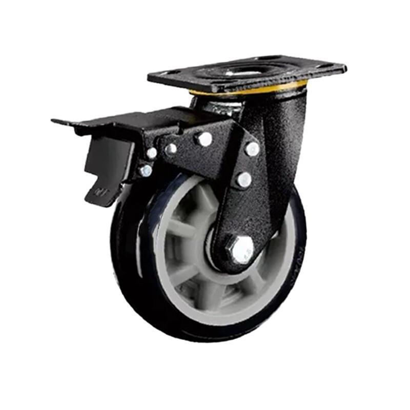 4 Sets 4 Inch Flat Bottom Caster Double Brake Heavy Gray Core Black Polyurethane Caster Universal Wheel