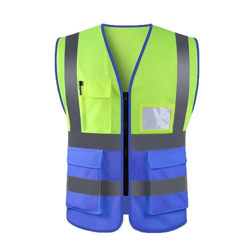 6 Pieces Zipper Multi-Pocket Reflective Vest Safety Warning Vest 4 Reflective Strips for Environmental Sanitation Construction Riding - Fluorescent Yellow+Blue