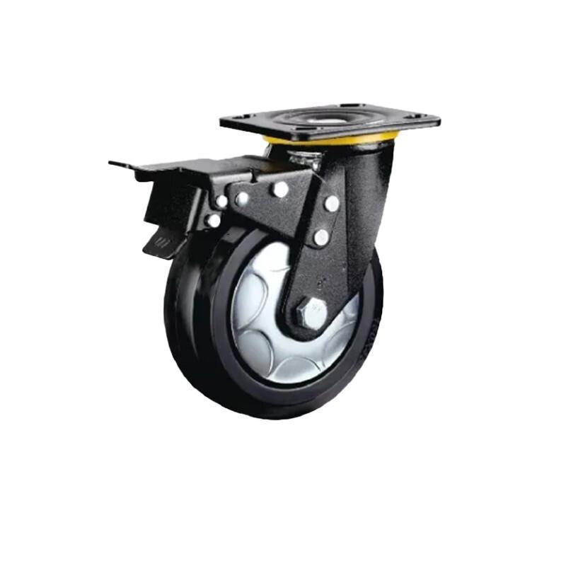 1 Set 8 Inch Flat Bottom Caster Double Brake Heavy Black High Elastic Natural Rubber Caster Universal Wheel