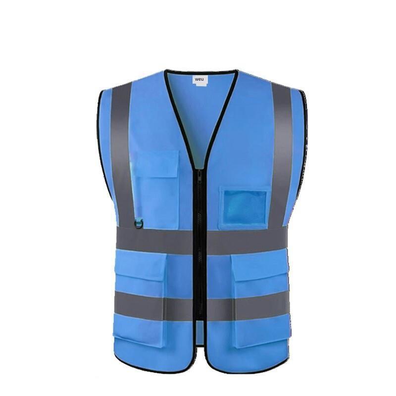 10 Pieces Lake Blue Multi Pocket Reflective Vest Traffic Protection Reflective Vest Warning Clothing Construction Road Maintenance