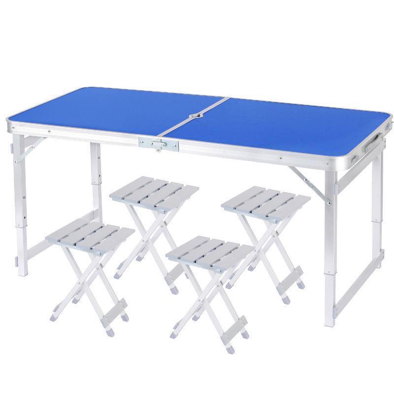1.5m Square Tube Folding Table (Including Umbrella Hole) + 4 Stool Aluminum Alloy Portable Outdoor Folding Table And Chair Set for Courtyard Barbecue